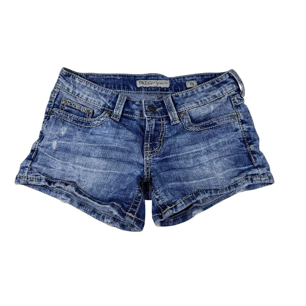 BKE Starlite Denim Shorts Womens 26 Low Rise Distressed Frayed Hem Y2K Blue